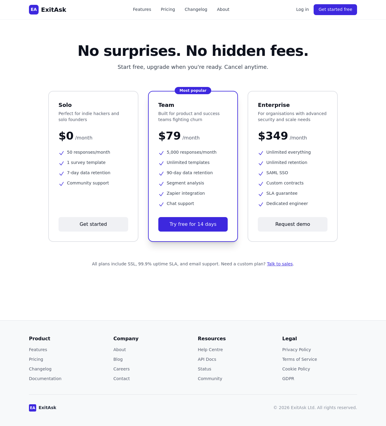 ExitAsk pricing page — after changes